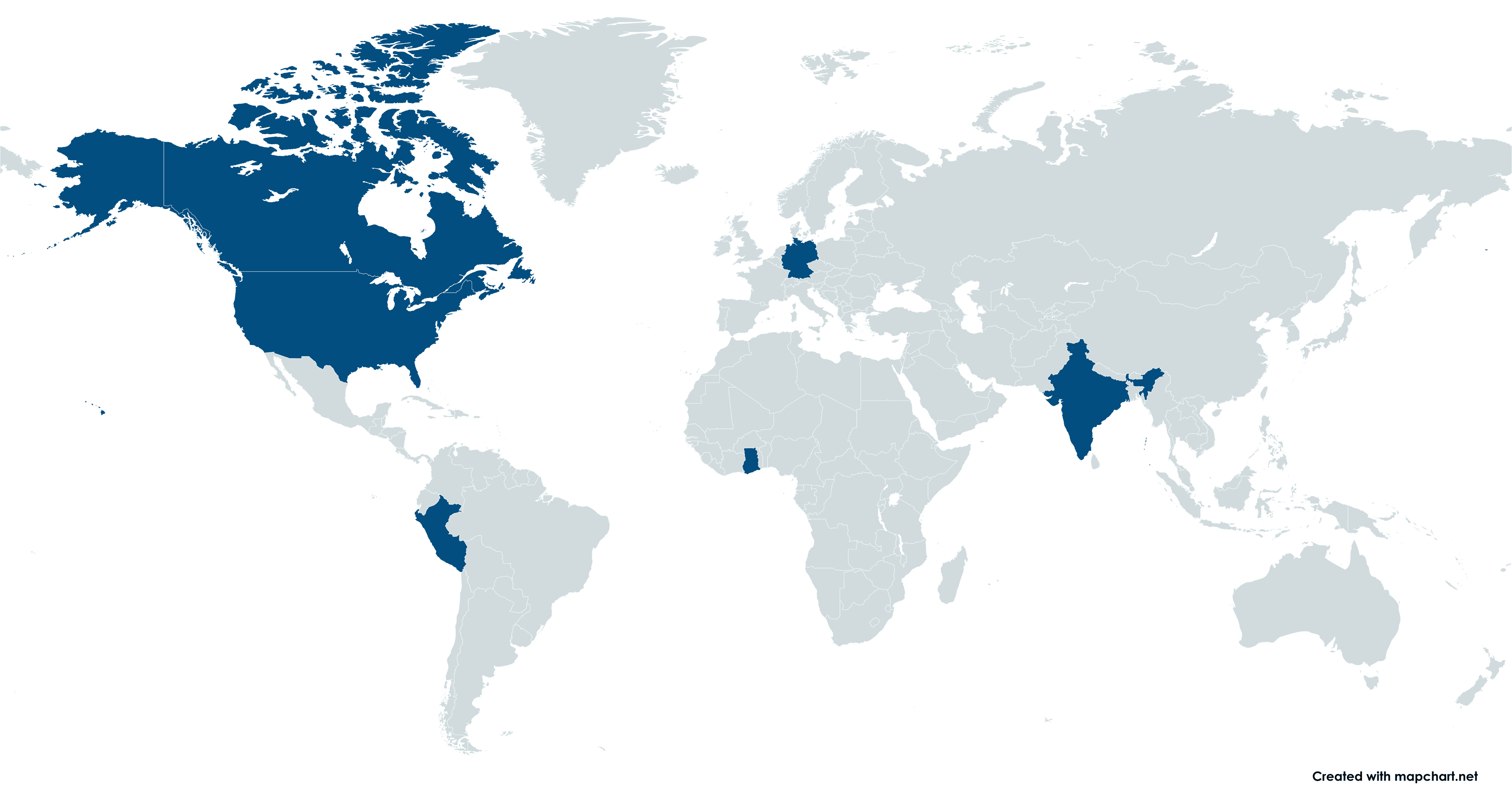 Carte du monde mettant en évidence le Canada, les États-Unis, le Pérou, l'Allemagne, le Ghana et l'Inde